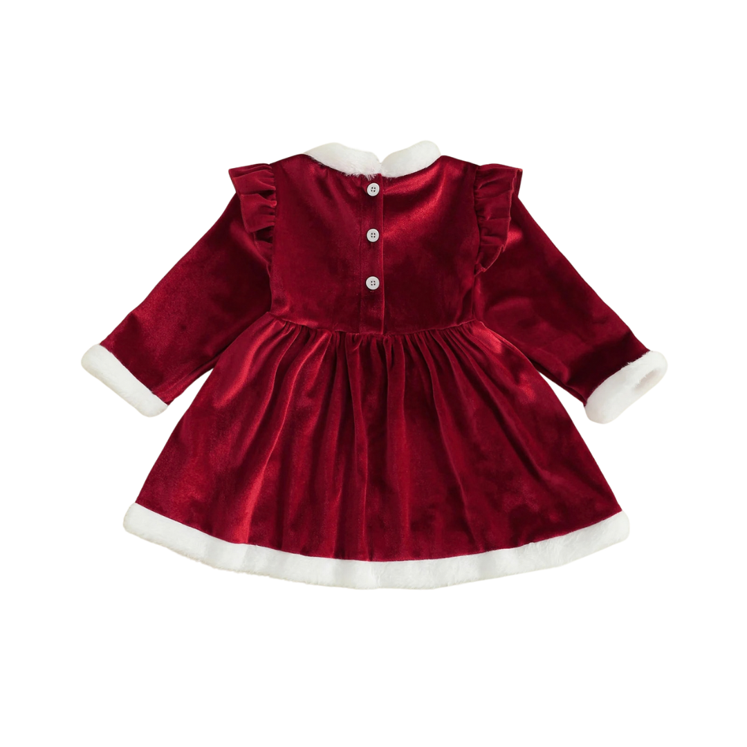 Back view of Kidsely toddler red velvet Christmas dress showing white faux fur hem and button closure