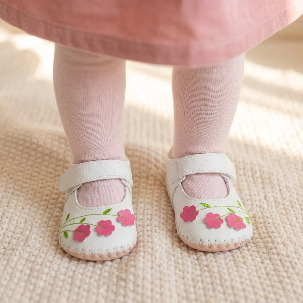 A detailed shot of a toddler's legs wearing pink tights and the white floral Mary Jane shoes, standing on a neutral surface, demonstrating fit and walking stability.