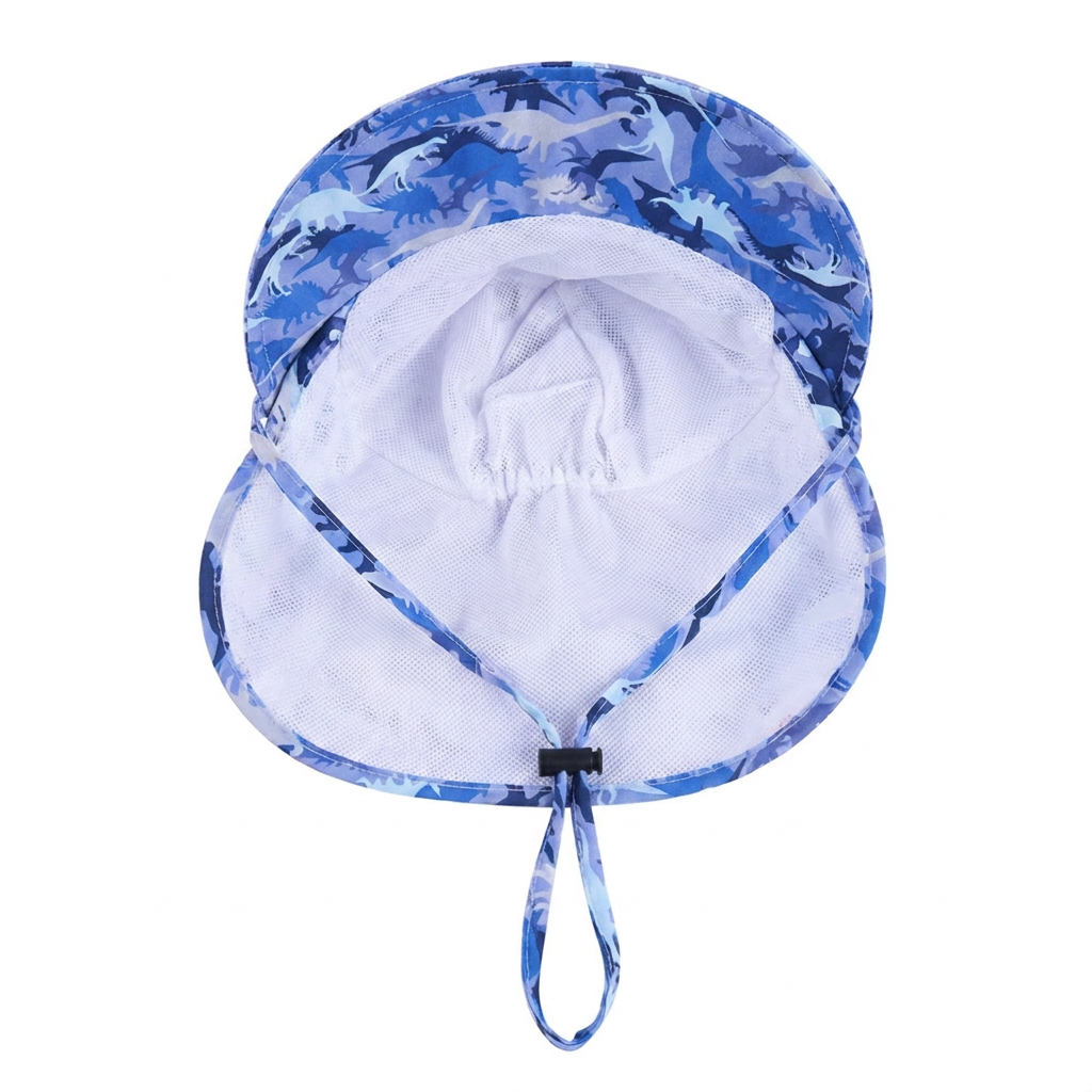 Underside view of a toddler sun hat showing the white breathable mesh interior lining and adjustable toggle chin strap.