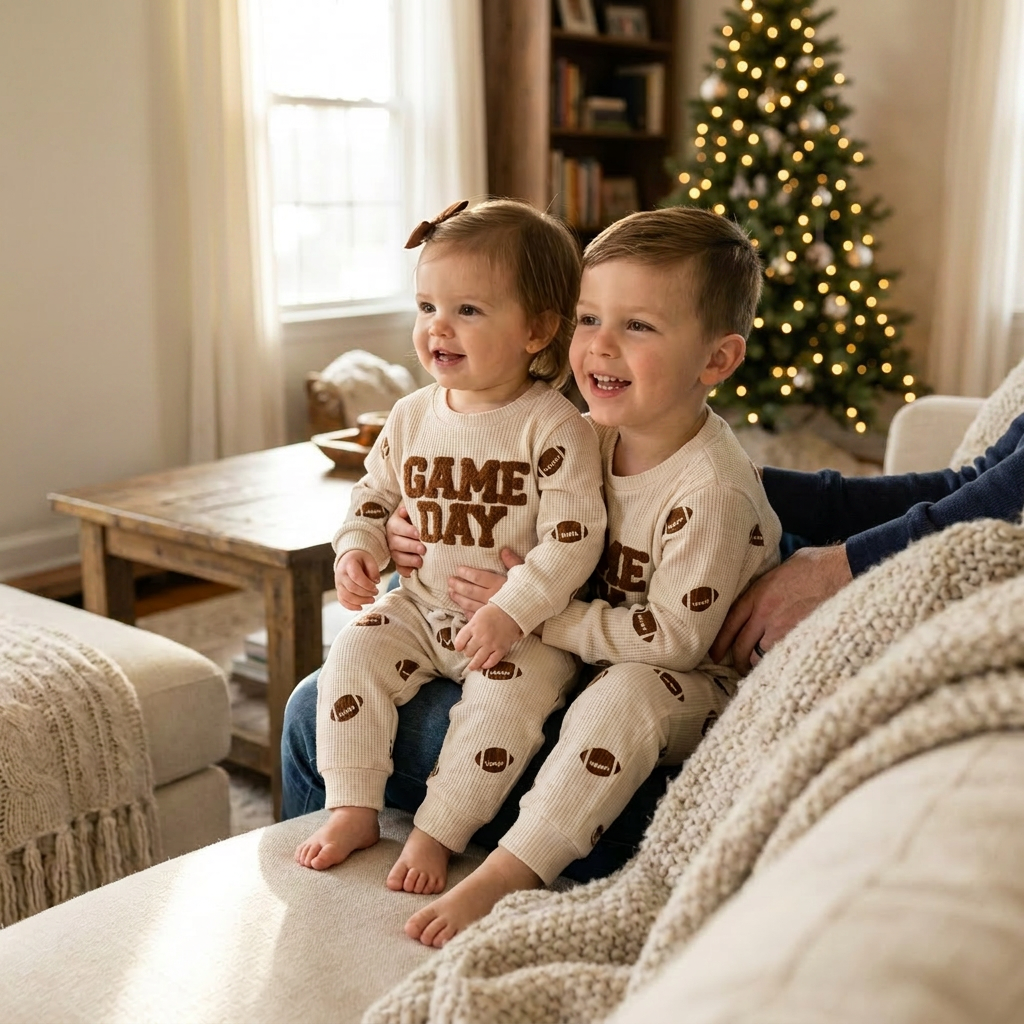 A toddler boy and girl smiling happily while wearing matching gender-neutral beige waffle-knit "Game Day" football outfits, sitting together on a living room couch.