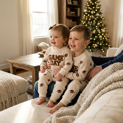 A toddler boy and girl smiling happily while wearing matching gender-neutral beige waffle-knit "Game Day" football outfits, sitting together on a living room couch.