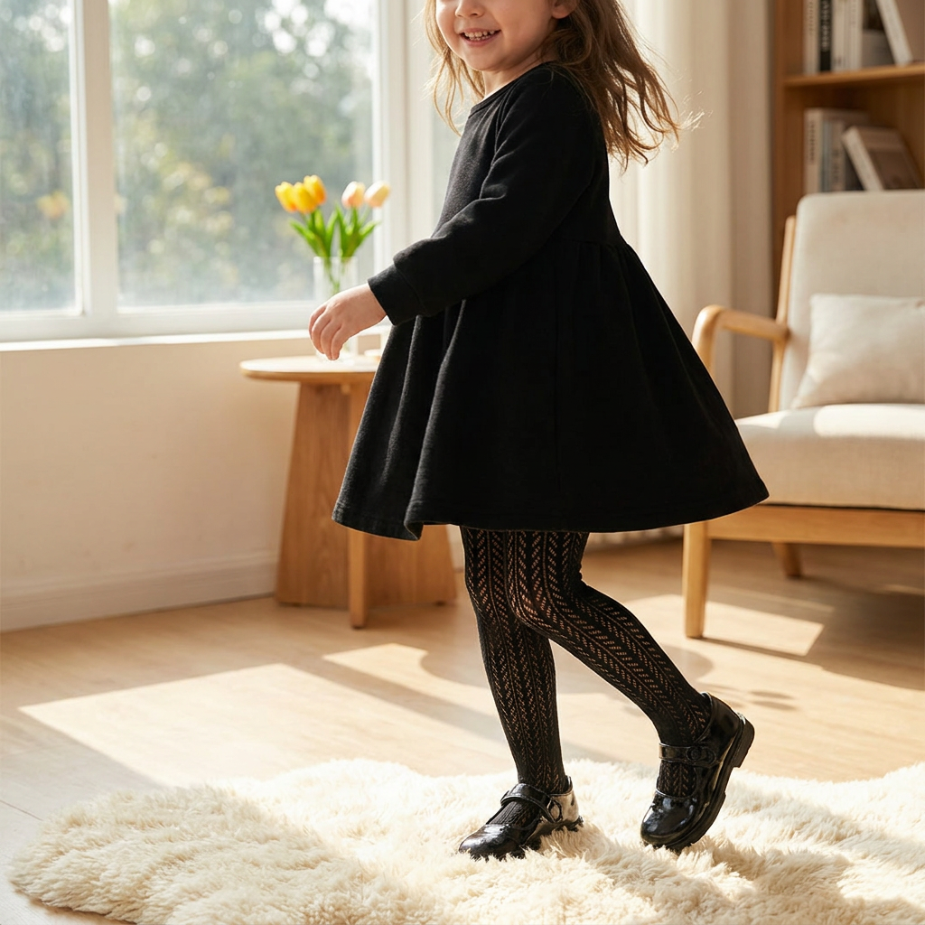 Toddler girl walking in black dress and black chevron mesh tights.