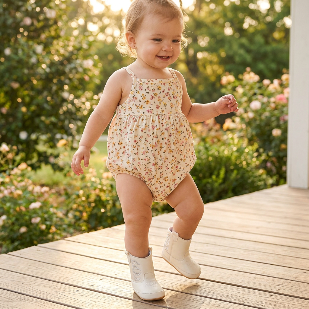 A toddler girl in a floral romper walking outside on a wooden deck wearing white infant rubber sole western boots.