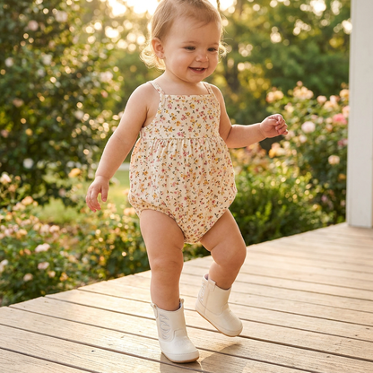A toddler girl in a floral romper walking outside on a wooden deck wearing white infant rubber sole western boots.