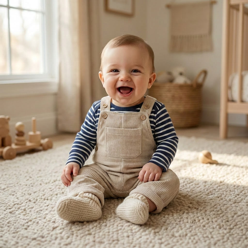 Happy baby sitting on a textured rug wearing Kidsely neutral corduroy overalls layered over a blue and white striped long-sleeve shirt.