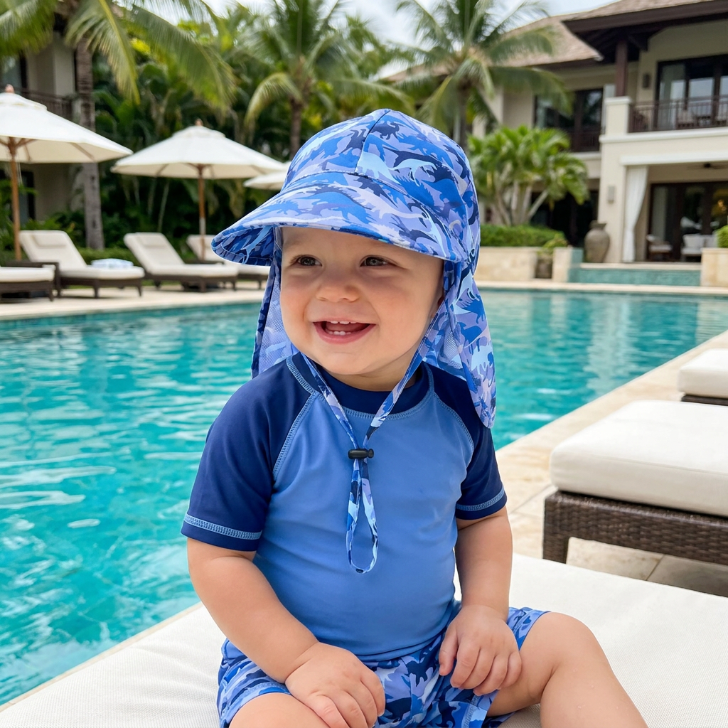 Smiling toddler sitting by a swimming pool wearing a blue dinosaur print UV protection sun hat with neck cover.