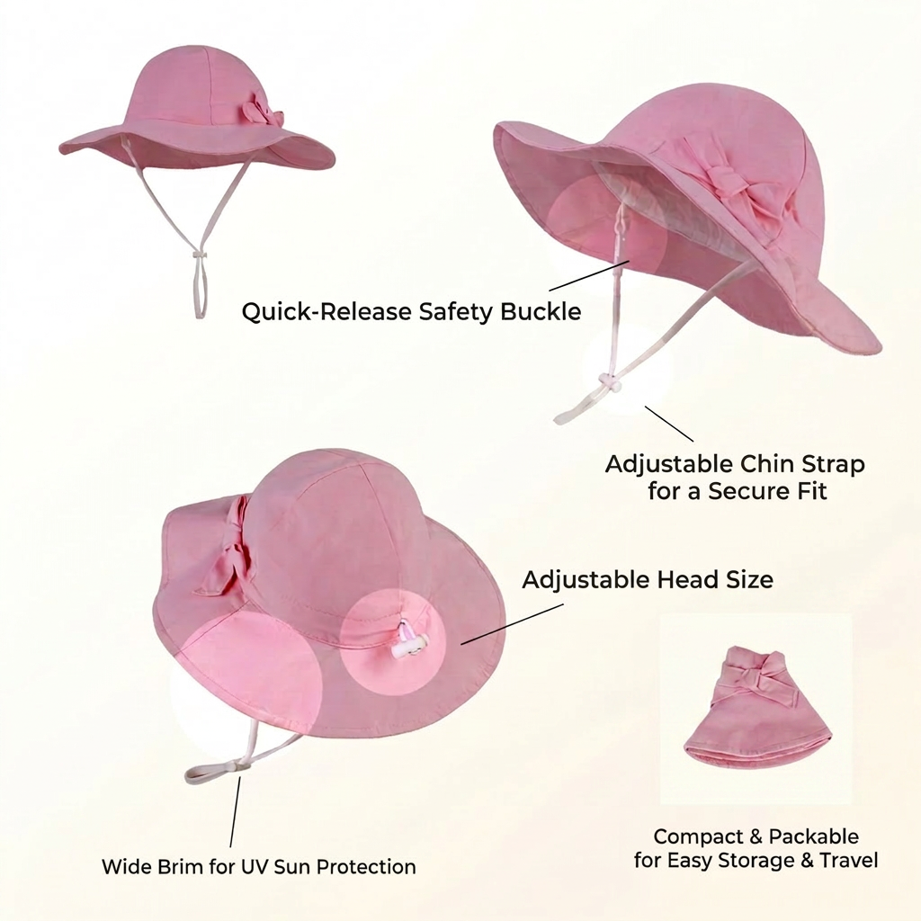 Product feature infographic showing the quick release safety buckle, adjustable chin strap, adjustable head size toggle, wide brim design, and compact packability.