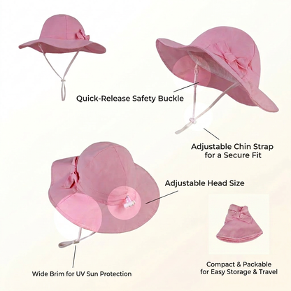 Product feature infographic showing the quick release safety buckle, adjustable chin strap, adjustable head size toggle, wide brim design, and compact packability.