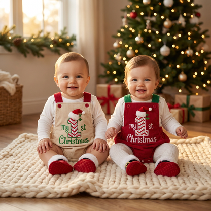Two babies wearing matching beige and red My 1st Christmas corduroy bubble rompers near a Christmas tree