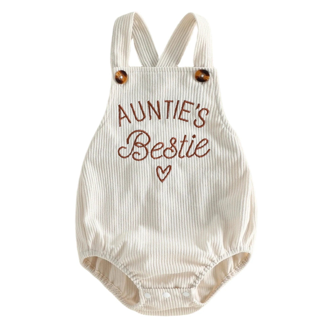 Full front view of a unisex baby beige corduroy bubble romper featuring brown "Auntie's Bestie" embroidery and faux tortoiseshell buttons on the straps.
