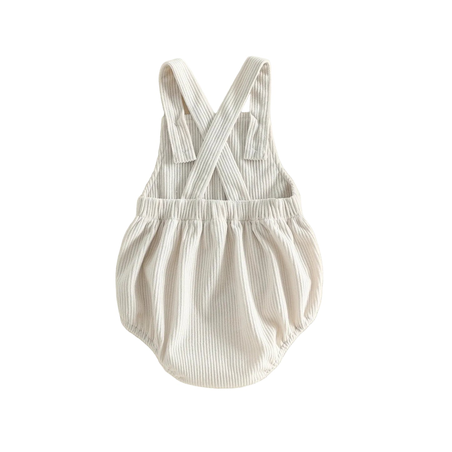 Full back view of the unisex baby beige corduroy bubble romper showcasing the cross-back suspender straps and gathered, elasticized leg openings.