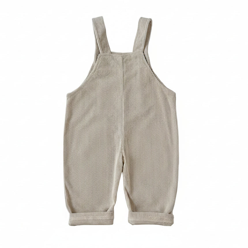 Back view of the Kidsely neutral beige corduroy overalls for infants and toddlers.