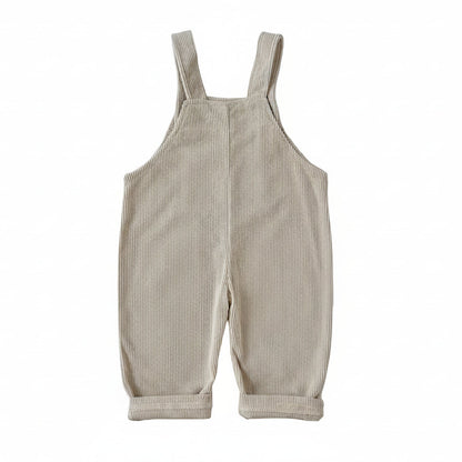 Back view of the Kidsely neutral beige corduroy overalls for infants and toddlers.