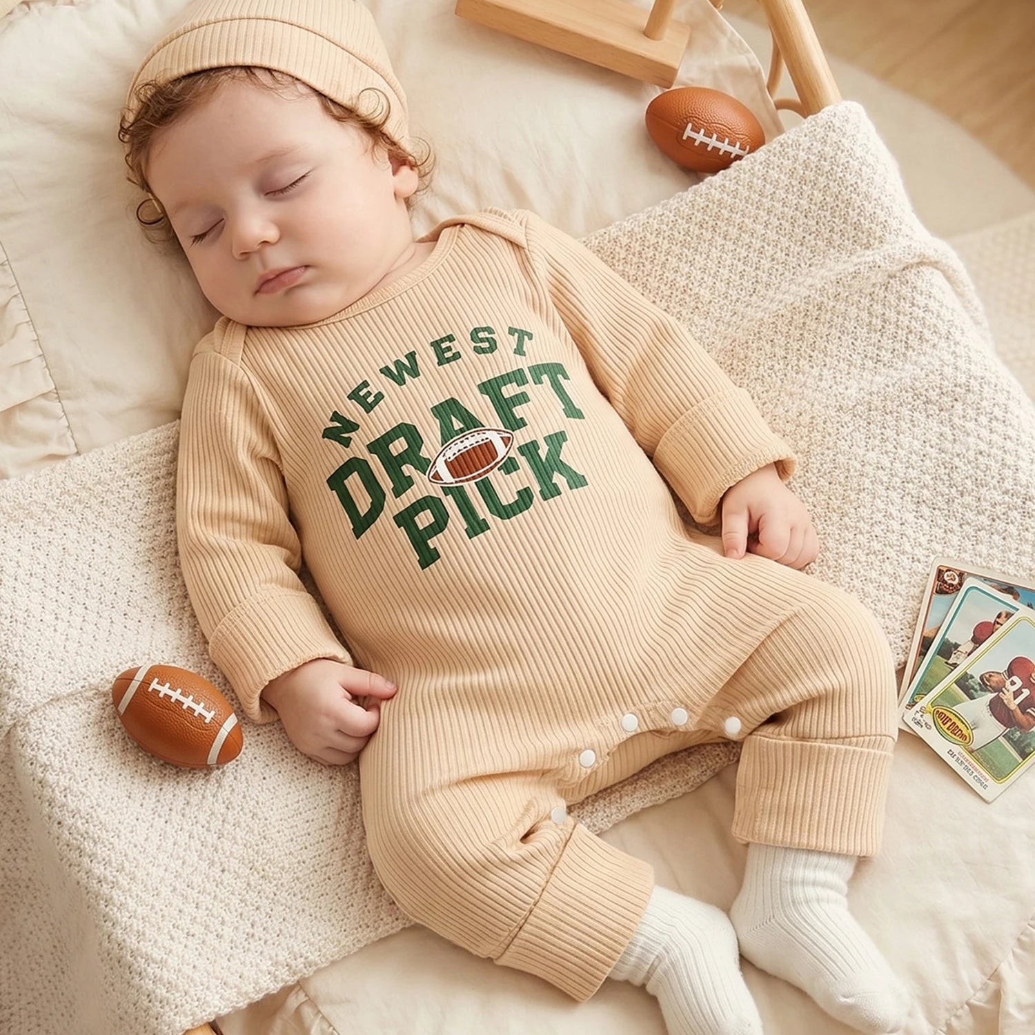 A baby sleeping peacefully on a cozy white blanket wearing a beige "Newest Draft Pick" football romper and hat, with a small football prop nearby.
