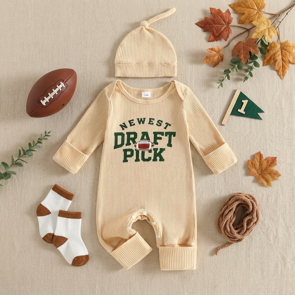 Styled flat lay of a beige unisex baby football romper and hat set surrounded by baby socks, a miniature football, and fall leaves.