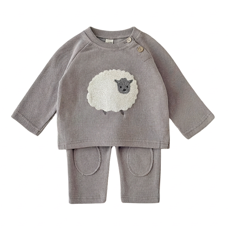 Flat lay of a grey unisex baby and toddler knit 2-piece set featuring a pullover sheep sweater and matching pants with knee pads on a white background.