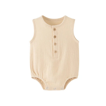 Kidsely Natural Oatmeal beige muslin cotton baby romper with a soft crinkle texture and premium heirloom-grade finishing.