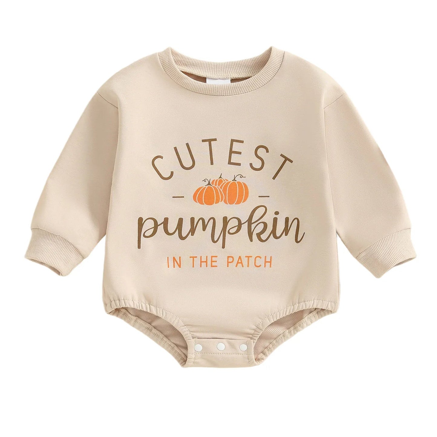 Front view of a beige unisex baby sweatshirt romper featuring three orange pumpkins and the text Cutest Pumpkin in the Patch.