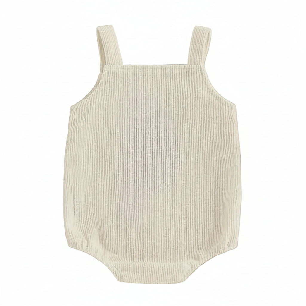 Back view of the cream-colored ribbed corduroy baby romper showing the clean, sleeveless design.