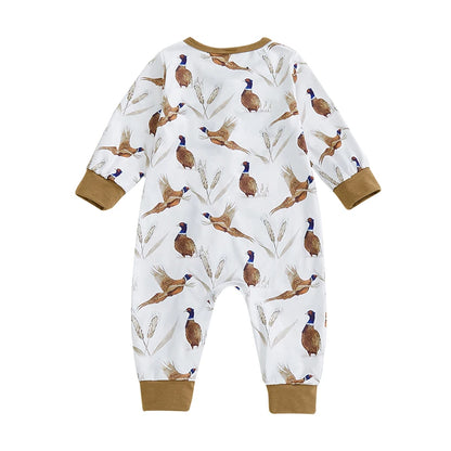 Back view of the gender-neutral fall baby romper showing the all-over wheat and pheasant nature pattern