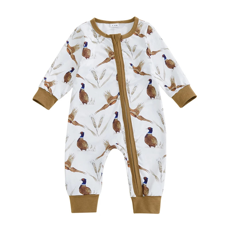 Front view of the Kidsely unisex baby romper featuring a rustic pheasant and wheat print with earthy brown trim.