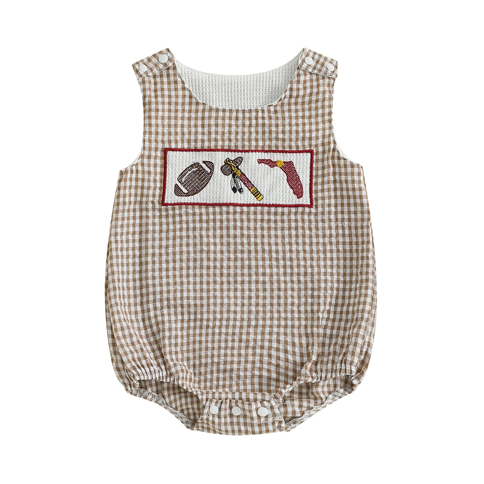 Front view of a tan and white seersucker gingham baby bubble romper featuring a hand-smocked chest plate with a football, a traditional native tomahawk axe, and a garnet Florida state map outline on a solid white background.