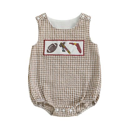 Front view of a tan and white seersucker gingham baby bubble romper featuring a hand-smocked chest plate with a football, a traditional native tomahawk axe, and a garnet Florida state map outline on a solid white background.