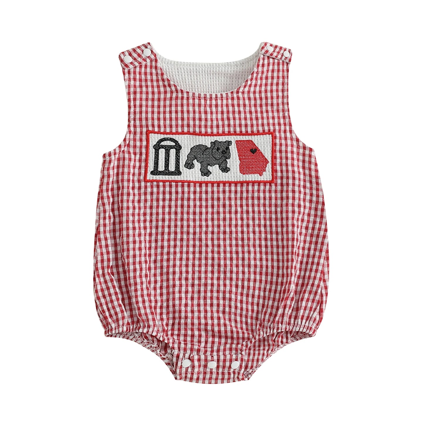 Front view of a red and white seersucker gingham baby bubble romper featuring a hand-smocked chest plate with a historic southern archway, grey bulldog, and red Georgia state map with a small heart on a solid white background.