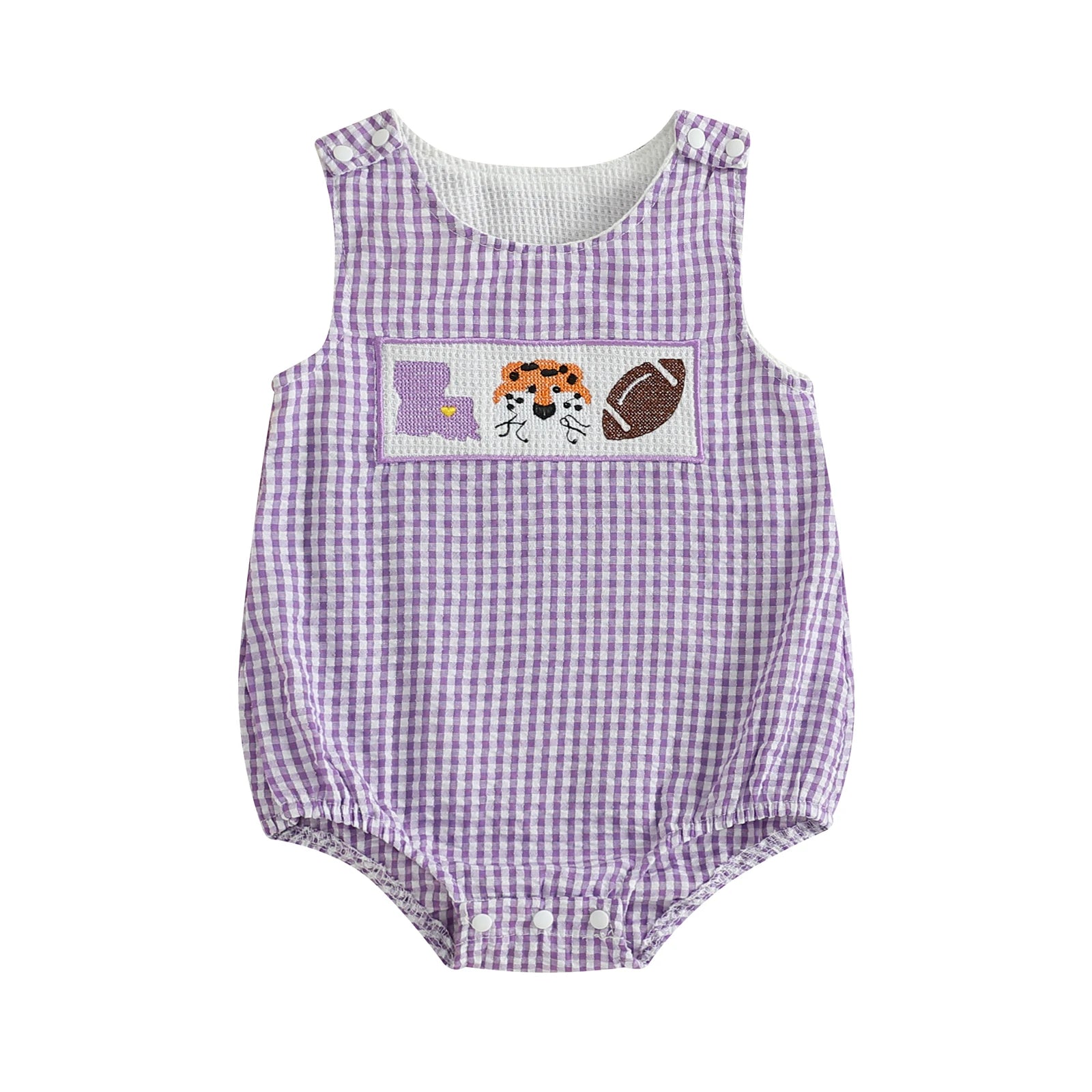 Front view of a purple and white seersucker gingham baby bubble romper featuring a hand-smocked chest plate with a purple Louisiana state map, a friendly orange tiger face, and a football on a solid white background.