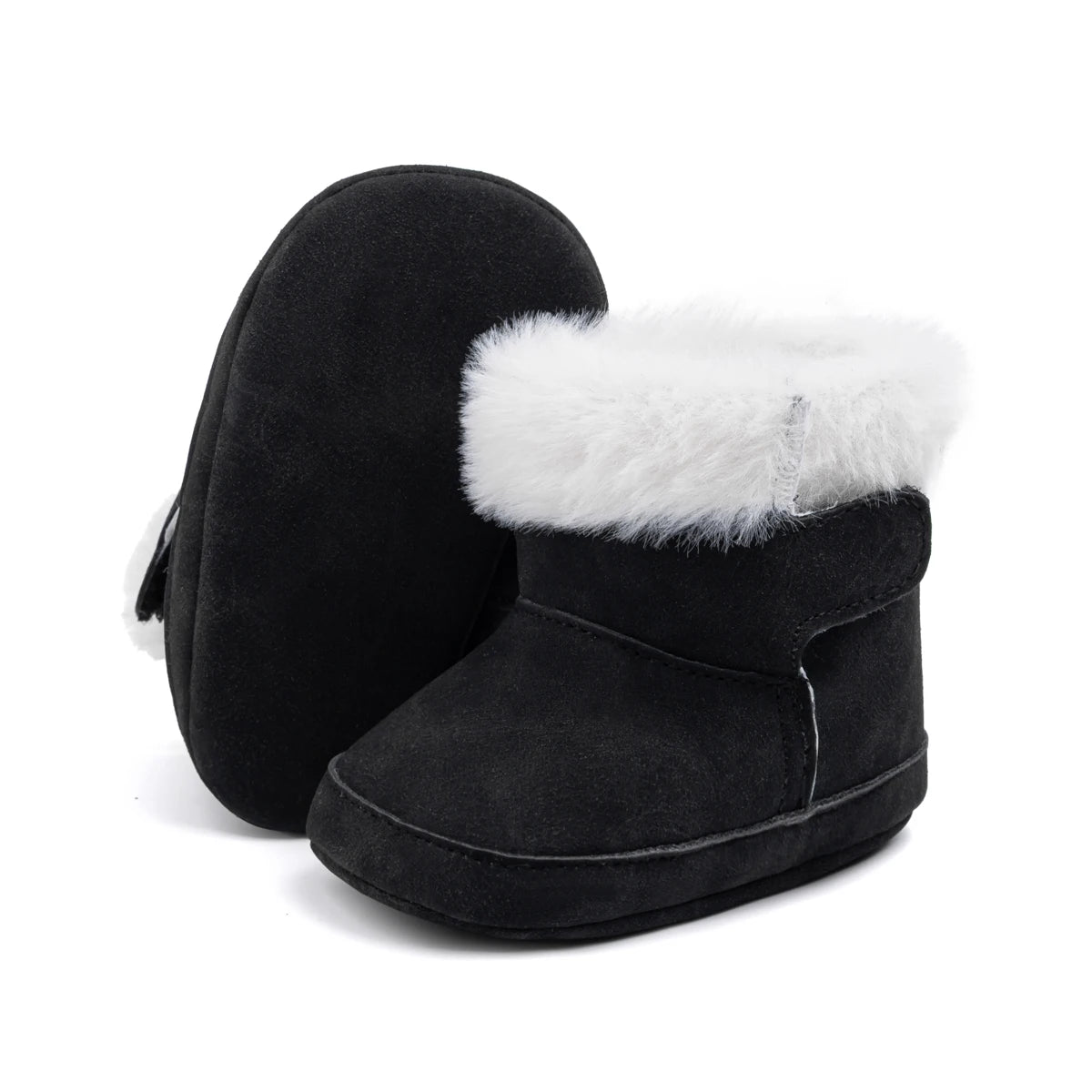 Pair of black unisex baby soft sole crib boots with plush white lining on a white background.