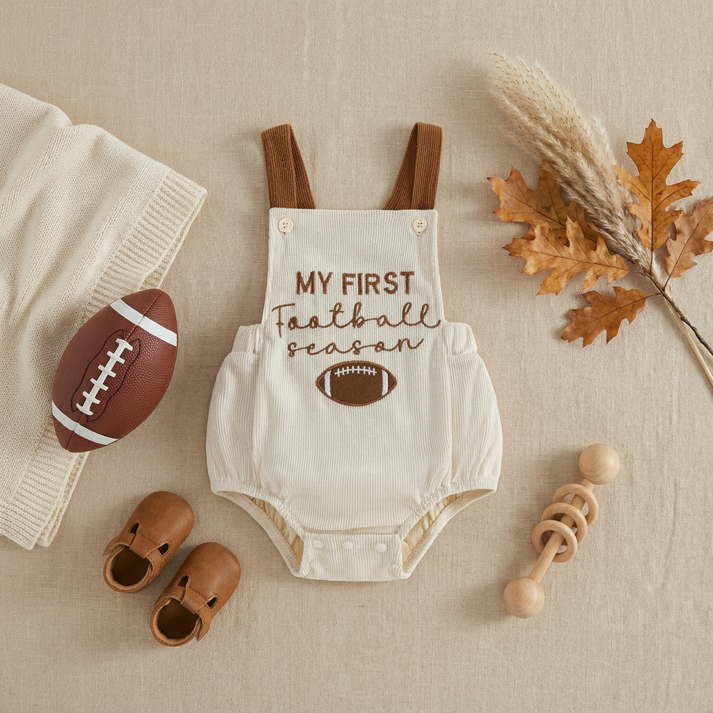Flat lay presentation of the cream and brown baby game day overalls romper styled next to a toy football, baby shoes, and autumn leaves.