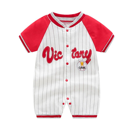 Victory baby boy baseball shortall in 100% pure cotton featuring red script embroidery and classic red raglan sleeves.