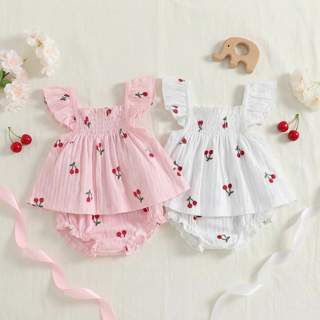 Two baby rompers with cherry pattern on a light background