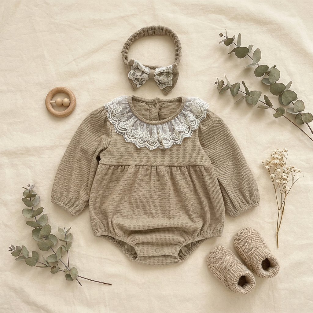 Autumn boutique flat lay of the mocha baby girl bubble romper, matching headband, and rustic decorative wood props.