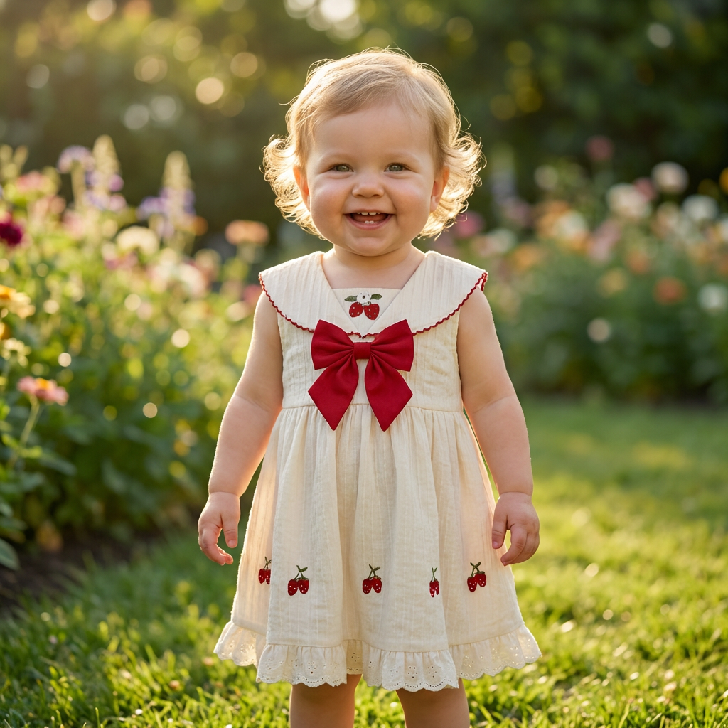Child in a cream dress with red strawberries and a bow standing in a garden.