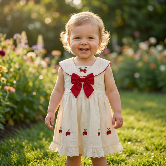 Child in a cream dress with red strawberries and a bow standing in a garden.