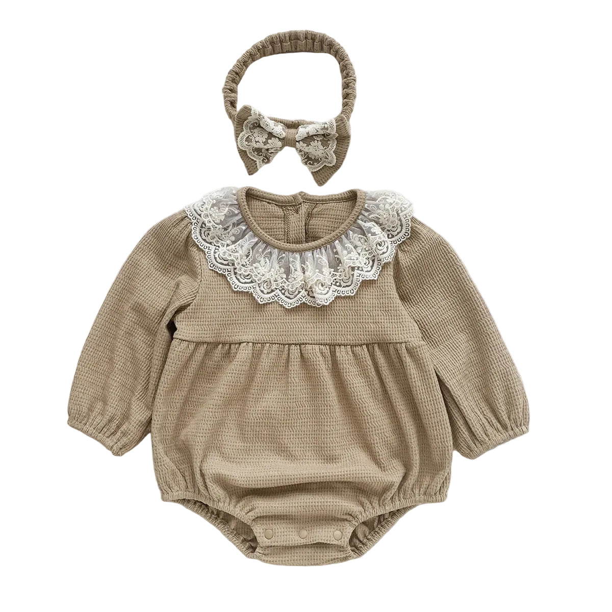 Vintage style baby girl waffle knit long sleeve bubble romper and matching lace bow headband set in mocha brown.