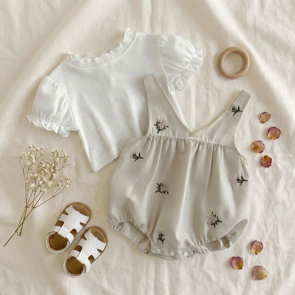 Flat lay arrangement of the embroidered baby girl romper set, little leather sandals, dried flowers, and wooden rings on a cream fabric background.