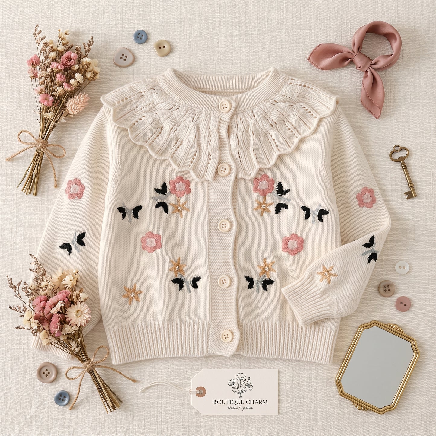 Flat lay view of cream floral embroidered baby cardigan with ruffle collar displayed with vintage accessories.