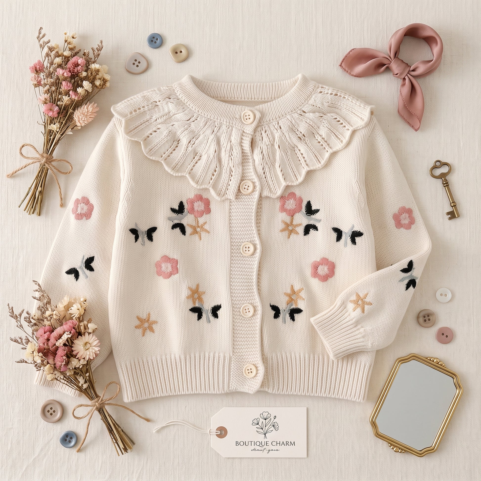 Flat lay view of cream floral embroidered baby cardigan with ruffle collar displayed with vintage accessories.