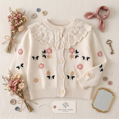 Flat lay view of cream floral embroidered baby cardigan with ruffle collar displayed with vintage accessories.