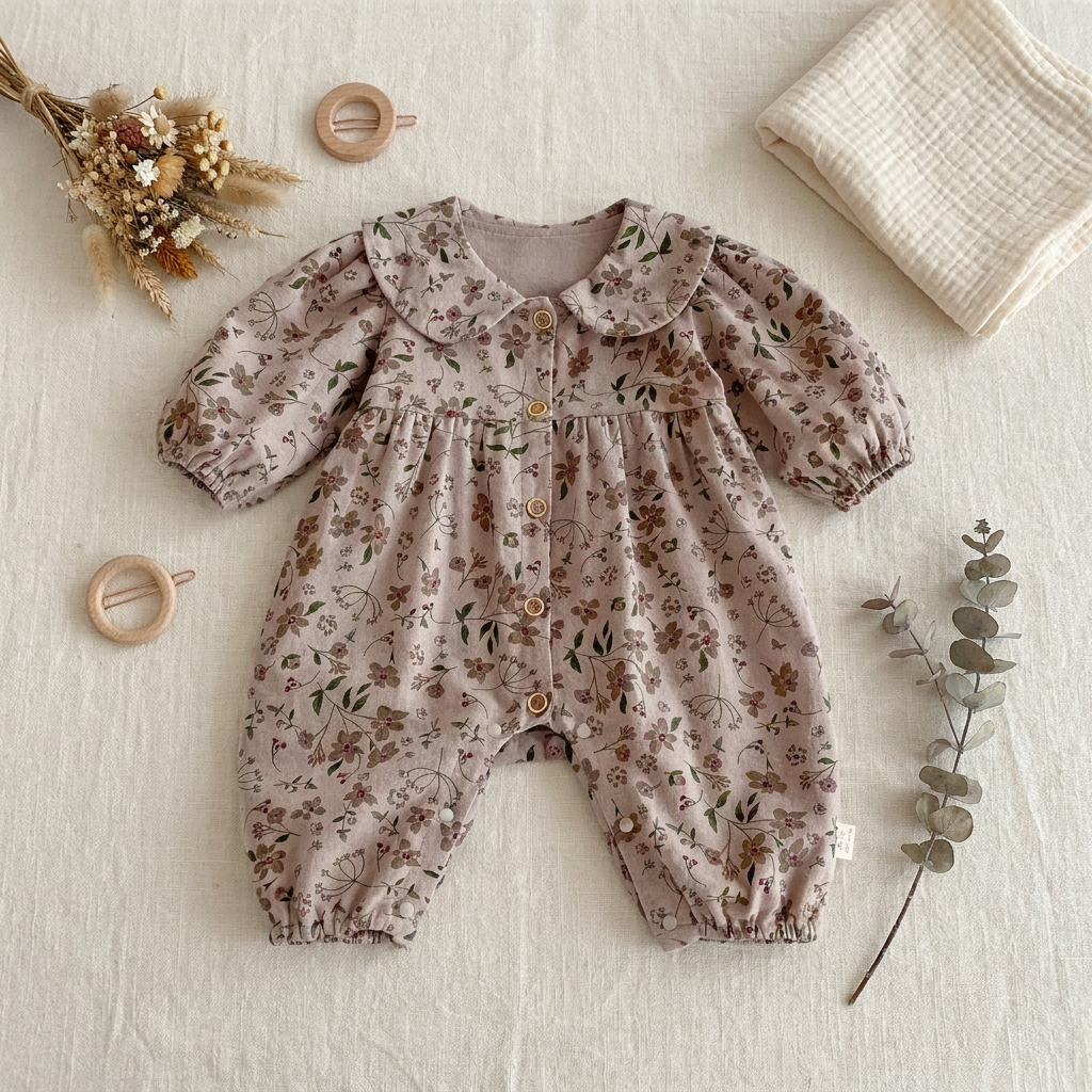 Styled flat lay of the Kidsely floral baby jumpsuit resting on a neutral surface next to dried flowers and a wooden teething ring.