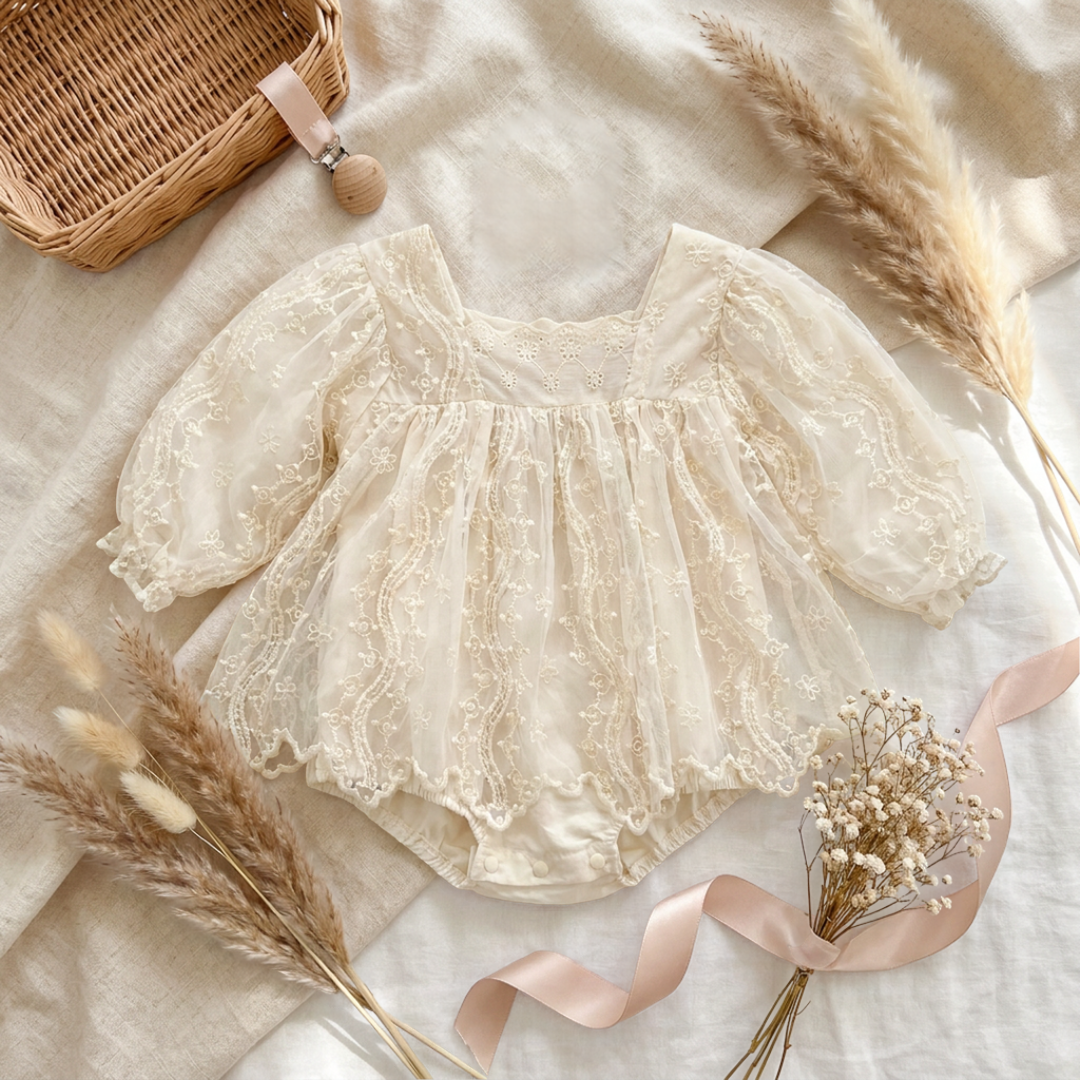 Flat lay of a cream vintage lace baby bodysuit styled with dried pampas grass and on a beige surface.