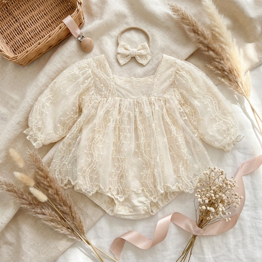 Flat lay of a cream vintage lace baby bodysuit styled with dried pampas grass and a matching headband on a beige surface.