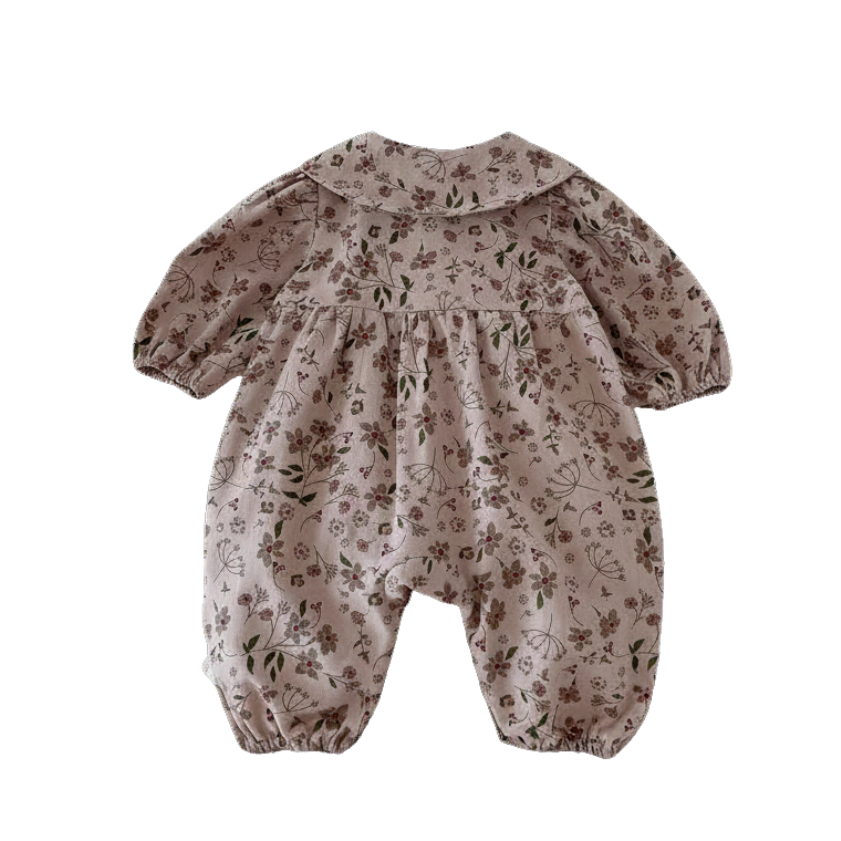 Back view of the Kidsely vintage mauve floral baby girl jumpsuit on a solid white background.