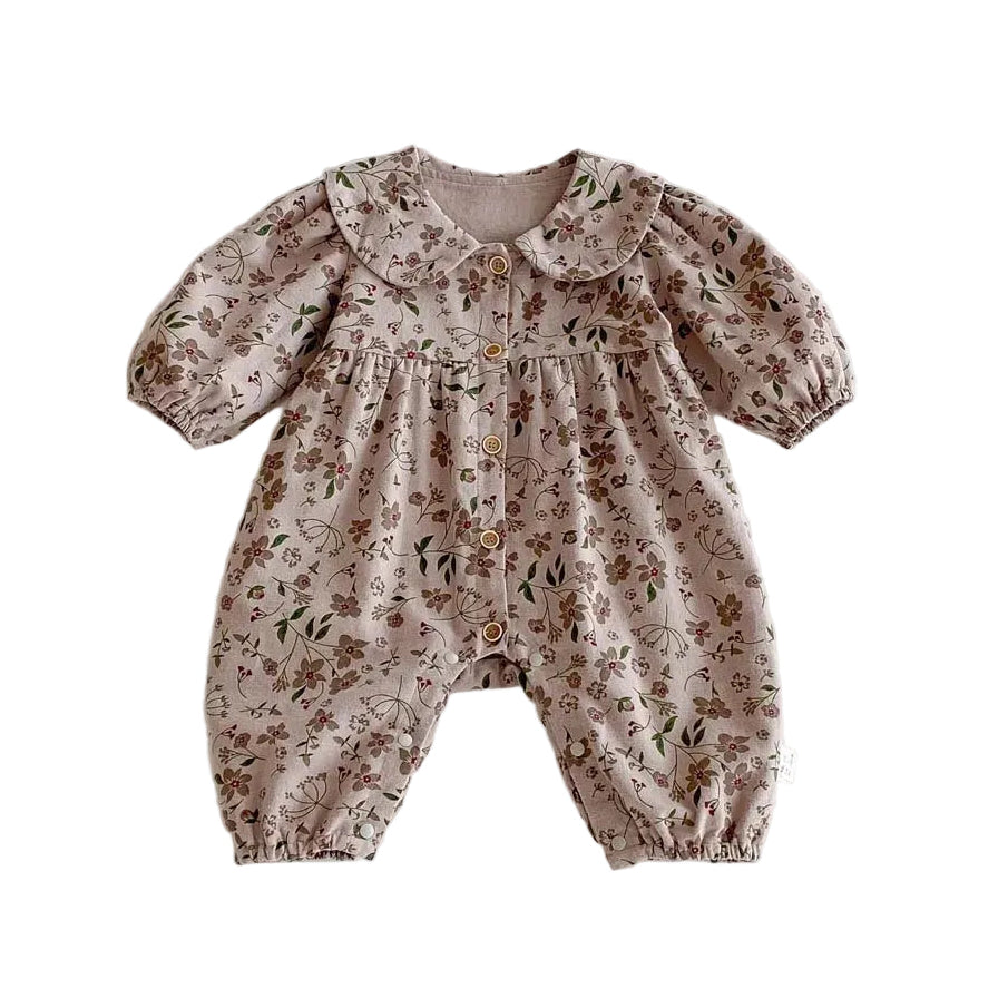 Front view of the Kidsely vintage mauve floral baby girl jumpsuit with long sleeves and a Peter Pan collar on a white background.