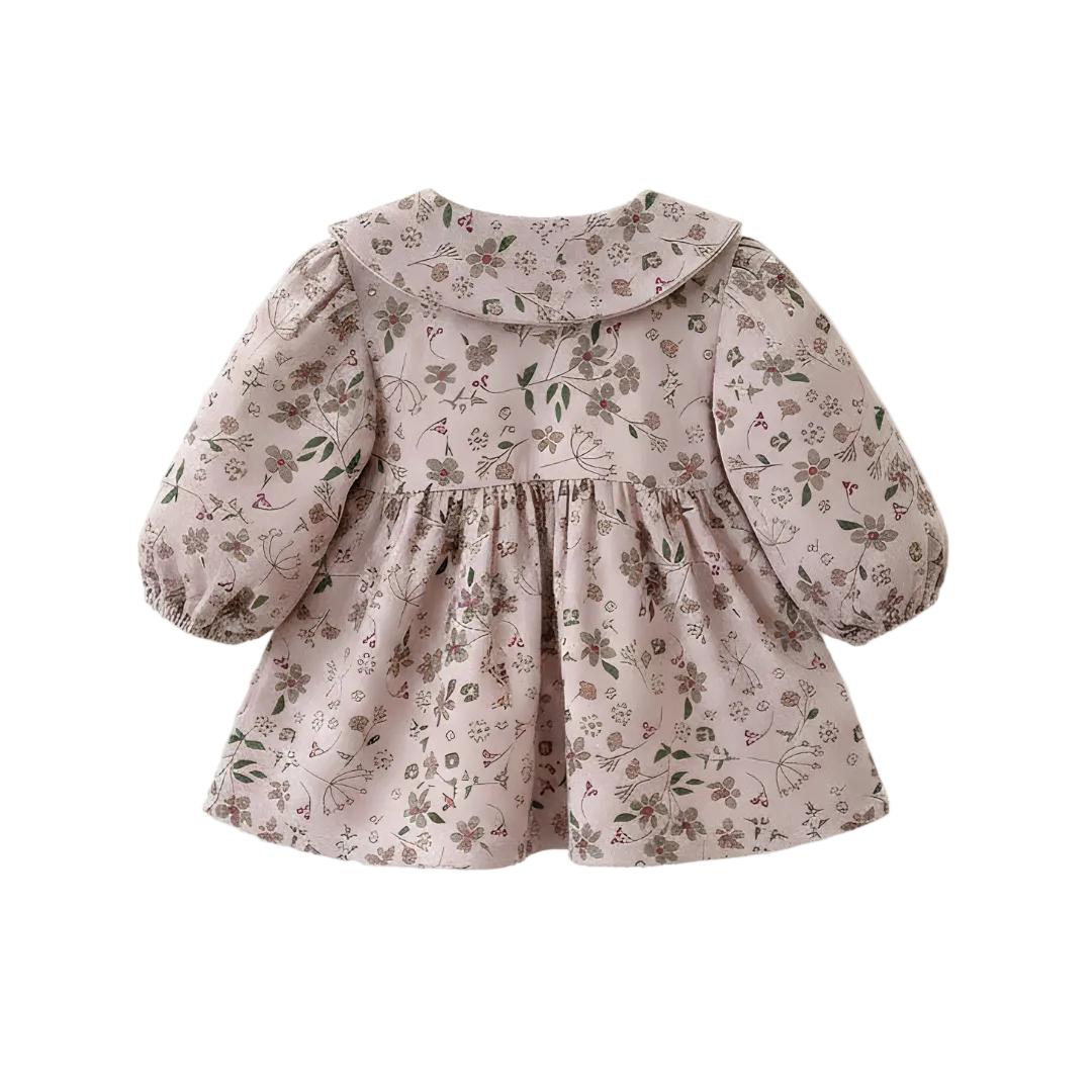 Back view of the Kidsely vintage mauve floral baby and toddler dress on a solid white background.