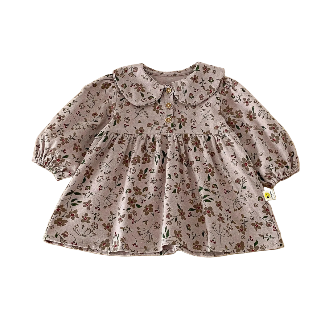 Front view of the Kidsely vintage mauve floral long-sleeve dress for babies and toddlers, featuring a Peter Pan collar, displayed on a white background.