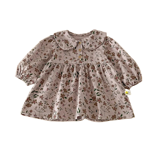 Front view of the Kidsely vintage mauve floral long-sleeve dress for babies and toddlers, featuring a Peter Pan collar, displayed on a white background.