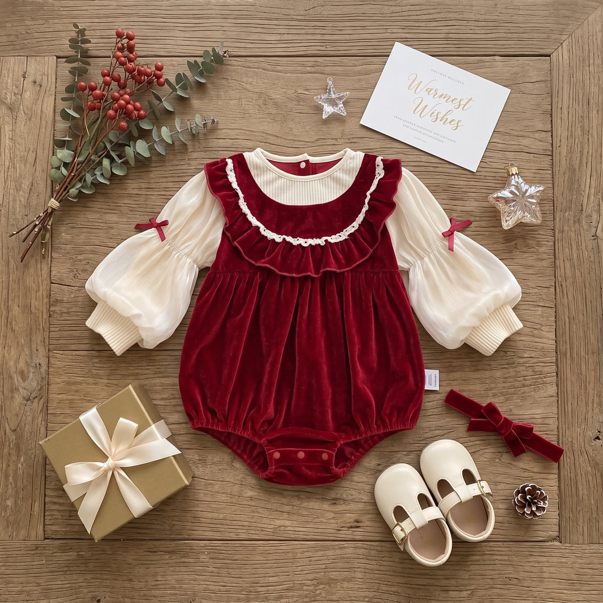 Vintage-inspired red velvet long sleeve baby bubble romper displayed with Christmas gift boxes and shoes